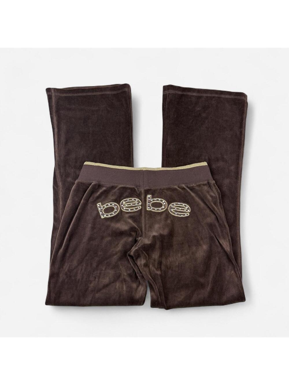 Bebe Y2K Brown Velour Rhinestone Logo Low Rise Flare Track Pants Sweatpants